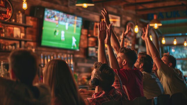 Voetbalfans kijken live wedstrijd in een bar