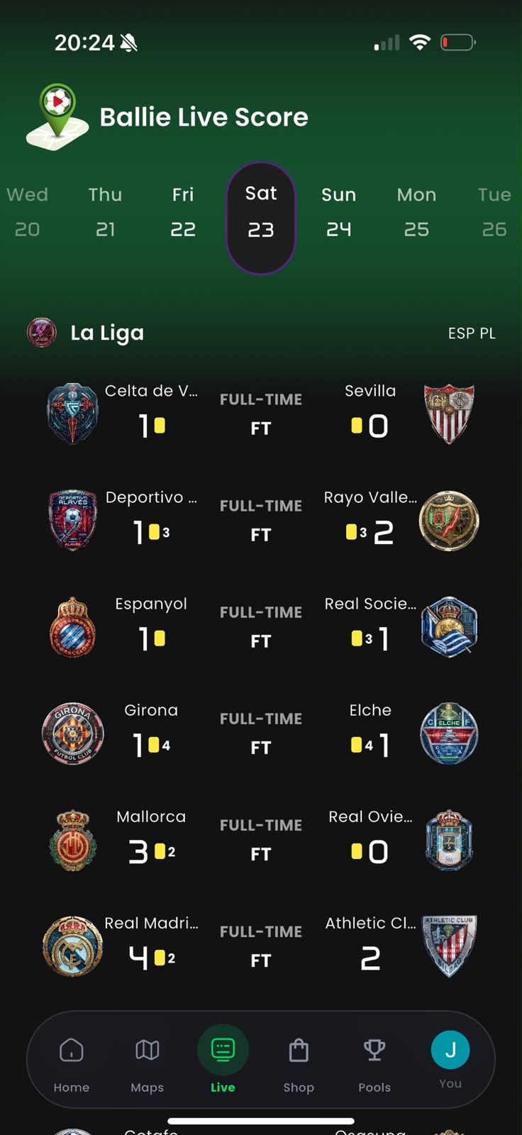 Ballie Livescore app screen