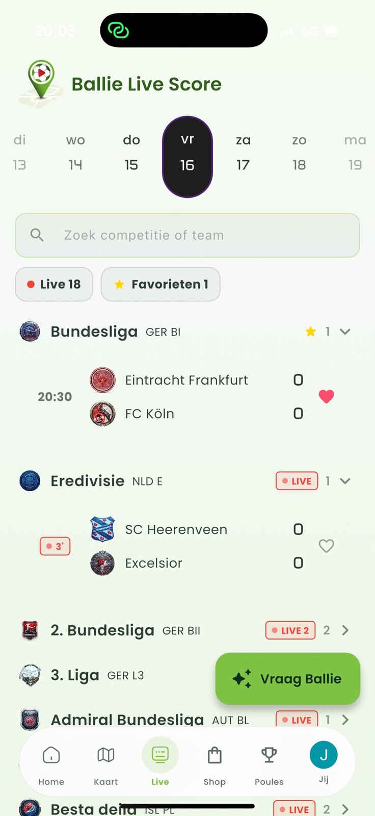 Ballie Livescore app-scherm
