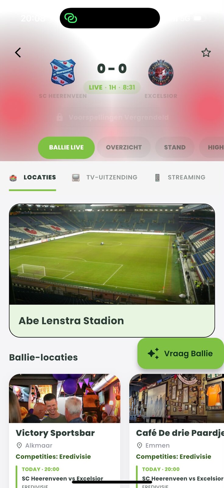 Ballie Livescore wedstrijddetail met Ballie-locaties