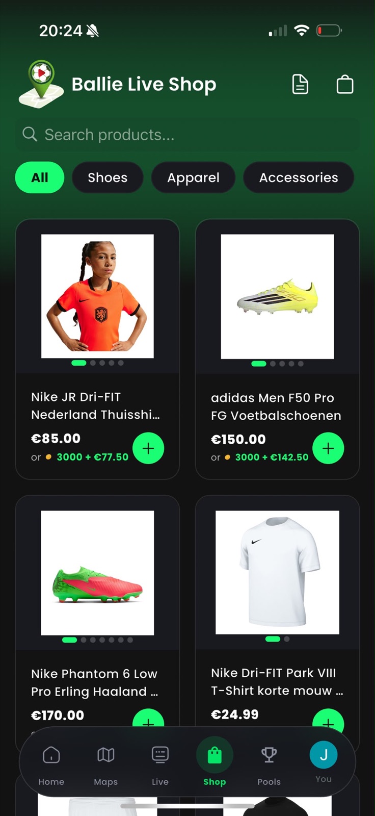 Ballie Shop met voetbalproducten en BallieCoins